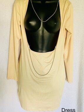 Plunging Back Chain Long Sleeve Mini Dress - Cream